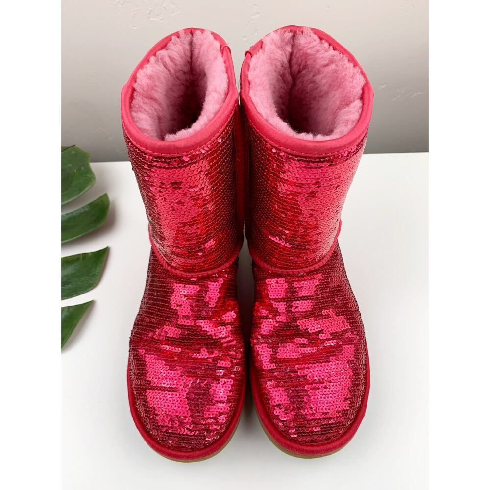Ugg Classic Sequin Sparkle Boots Short Pink Ruby Red Plush Lining Women's 6 - Picture 2 of 12